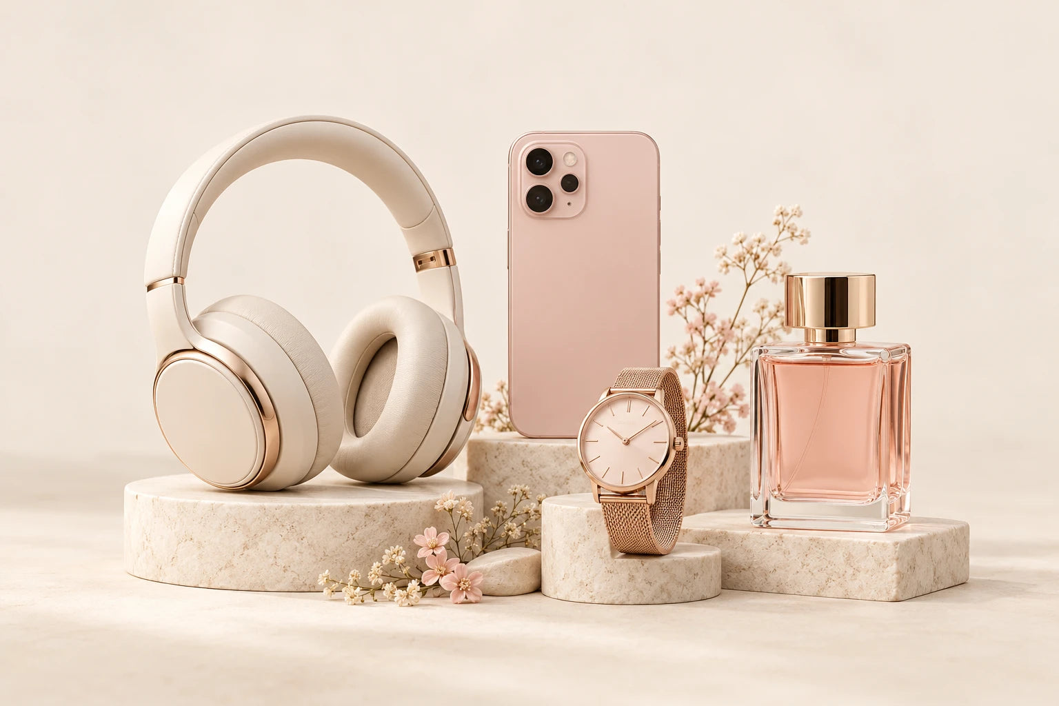 Headphones, phone, watch and fragrance